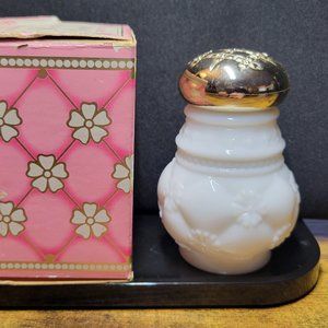 Avon Vintage 70s White Milk Glass and Silver top Moonwind Powder Sachet WITH BOX